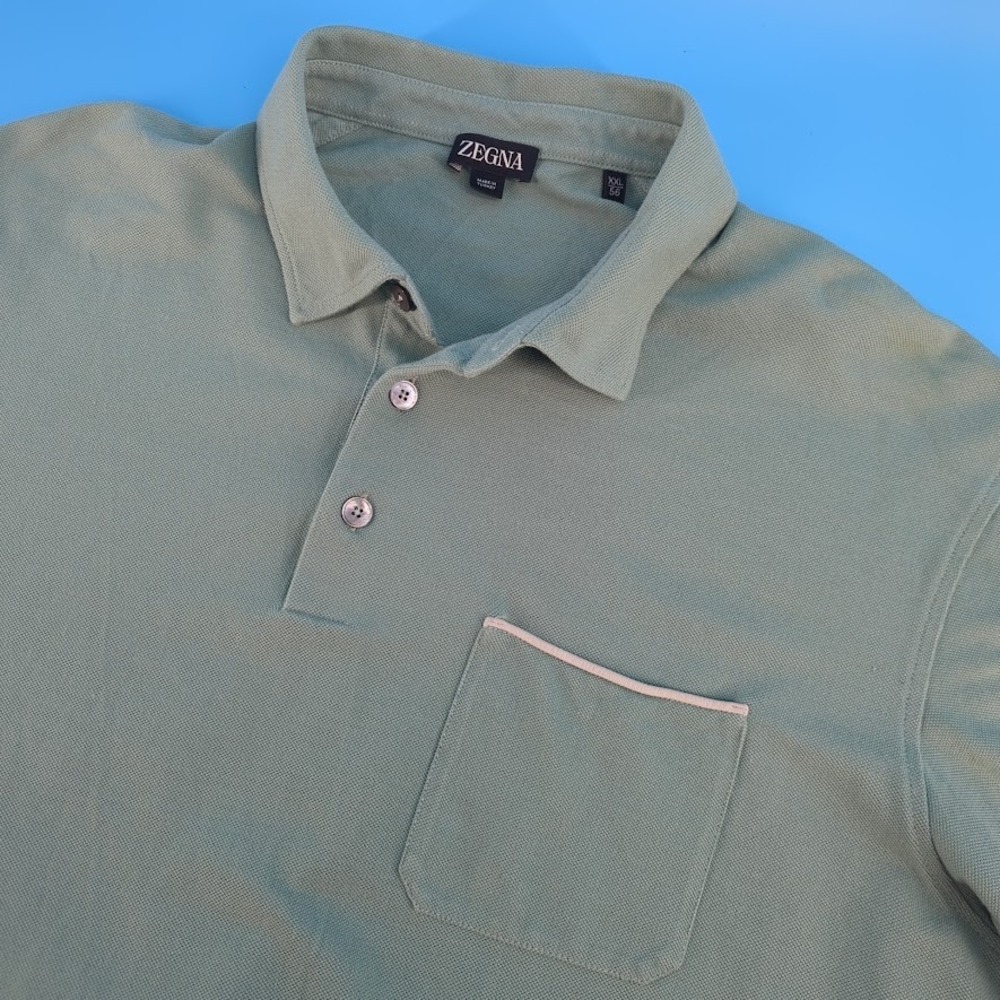 Zegna Mens XXL Sage Green Pique Cotton Short Sleeve Pocket Polo Shirt UD392A7